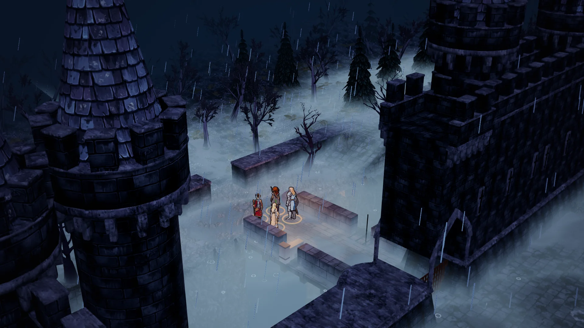 The gates of Castle Ravenloft in a storm