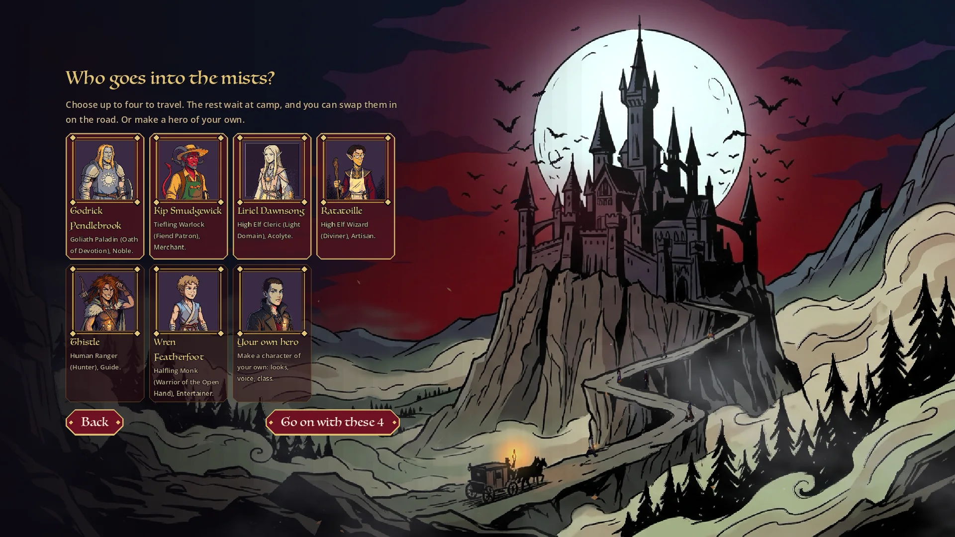 Choosing four of the six companions for a new game