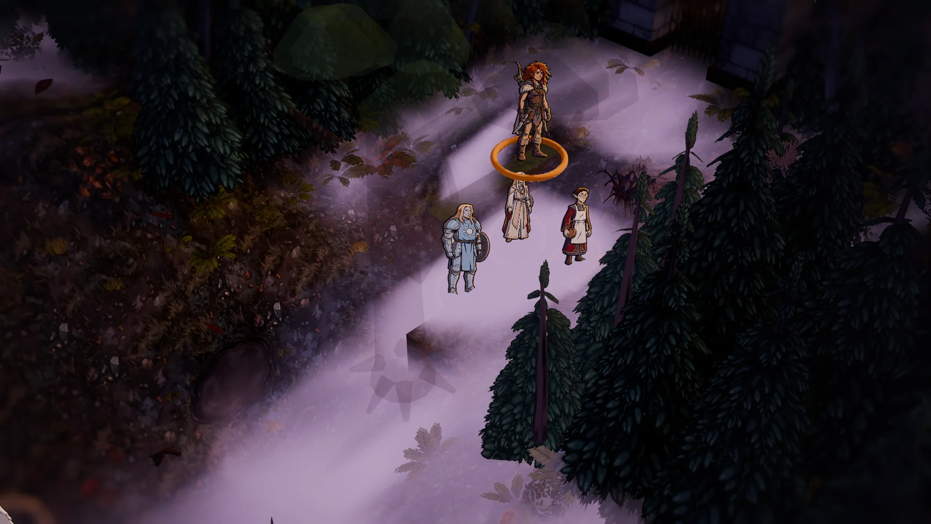The party on the misty road at dusk