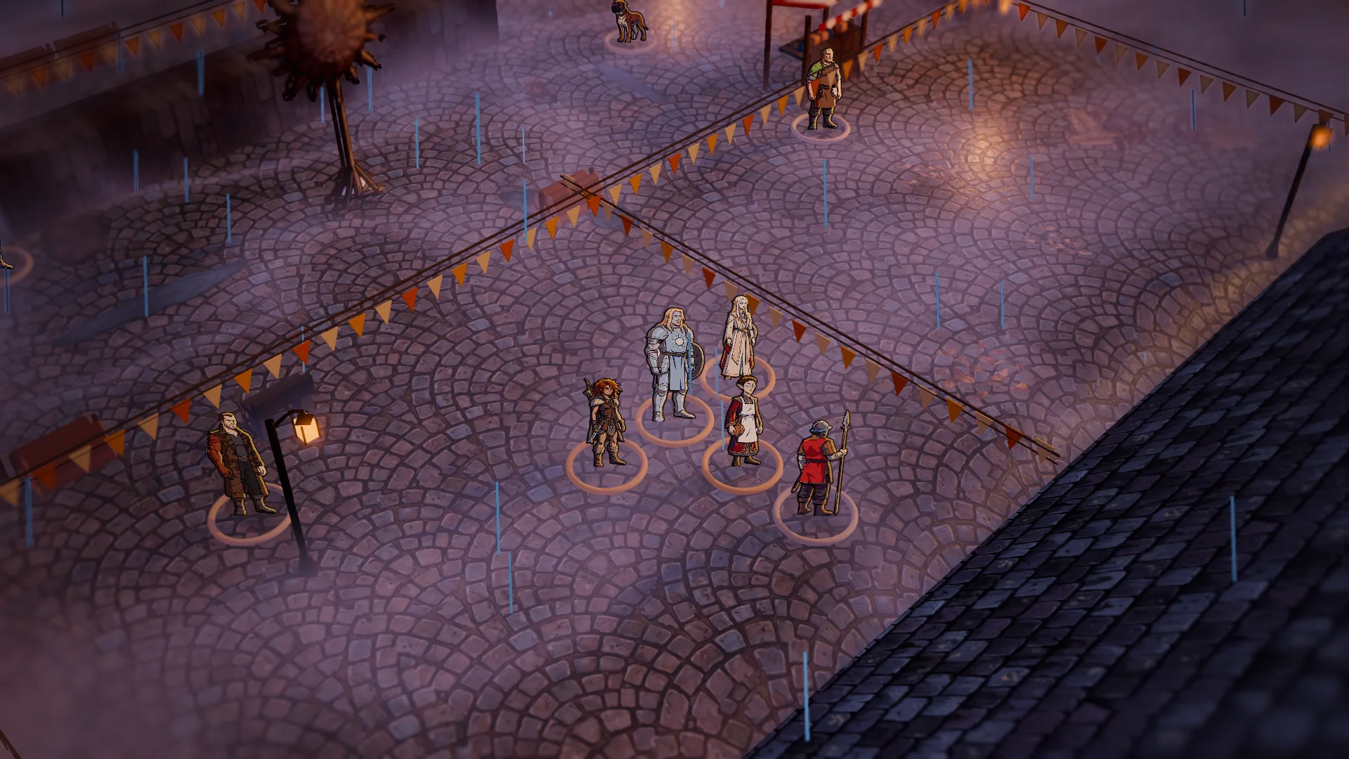 Rain over the walled town of Vallaki at dusk
