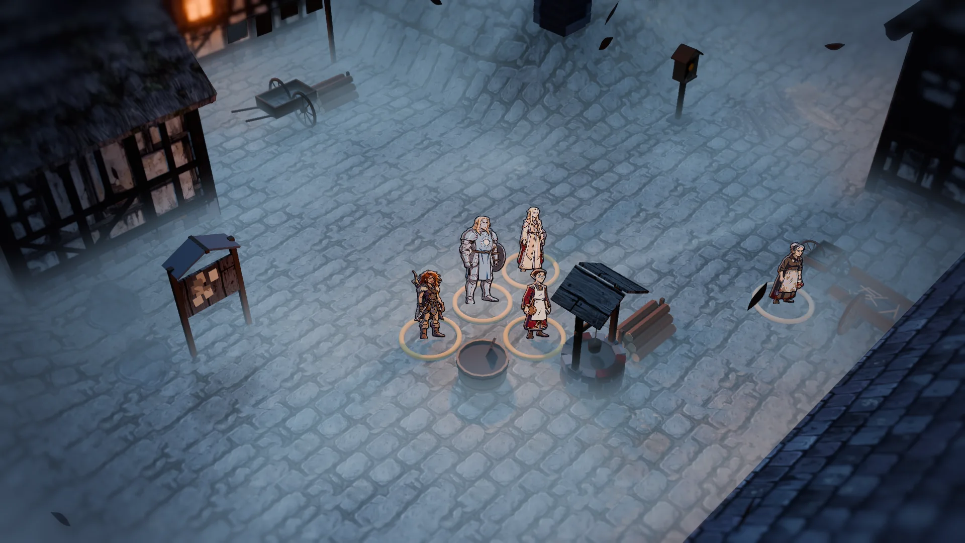 The Village of Barovia at night, lit windows and mist