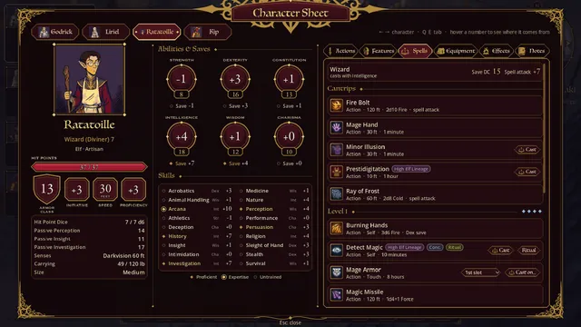 The character sheet, with a number's breakdown